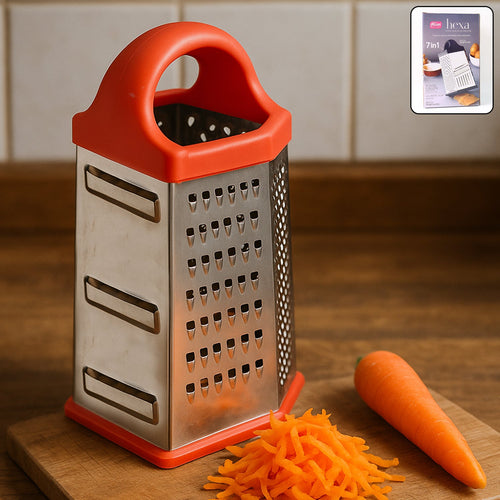 7-in-1 stainless steel box grater with multiple grating surfaces and ergonomic handle