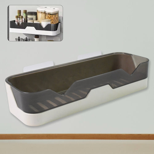 Adhesive shower caddy mounted on a bathroom wall, showcasing easy installation.