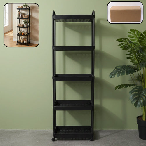 5 Layer rolling storage rack with open shelves and wheels for home organization