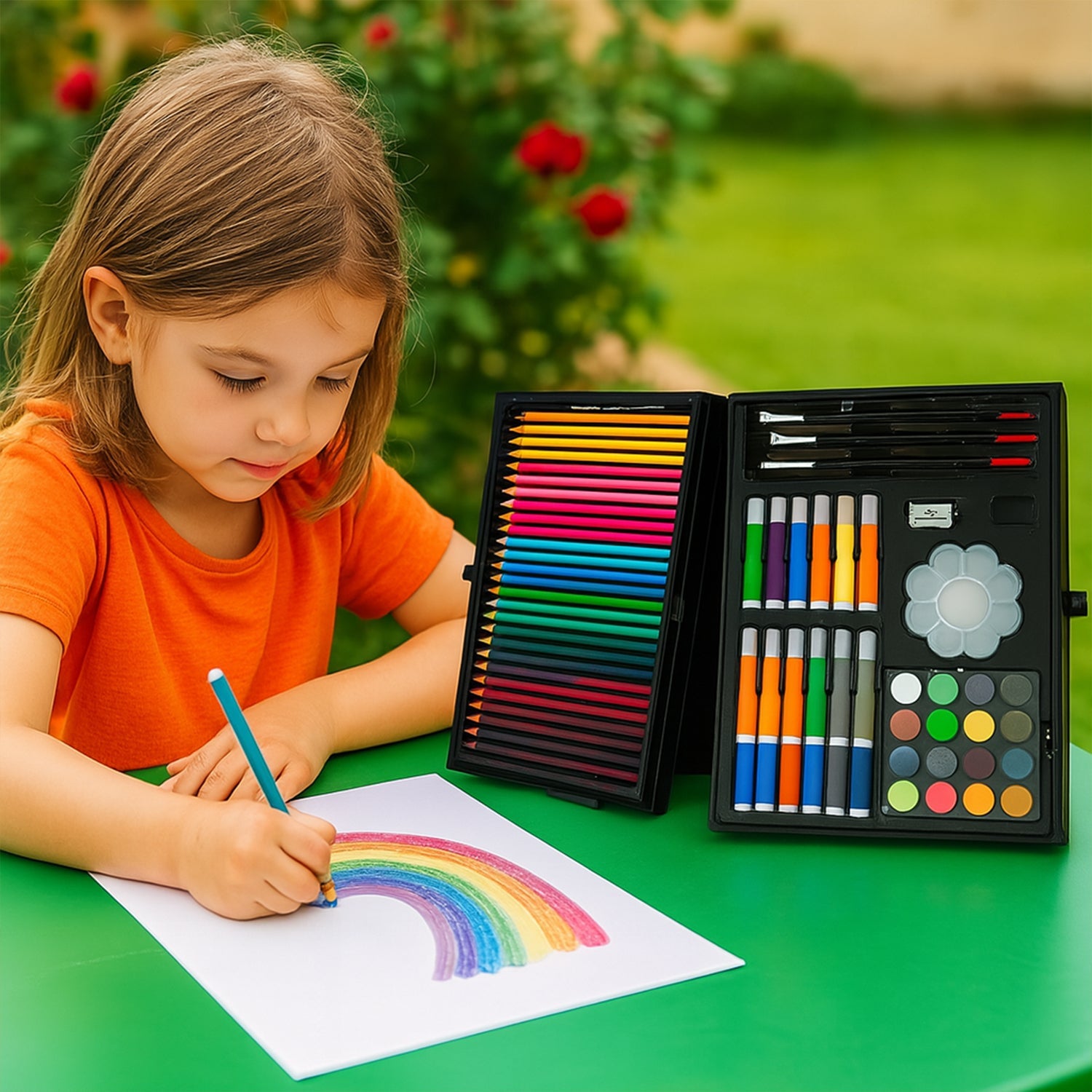 The complete 145-piece drawing and painting kit with various art tools for children.