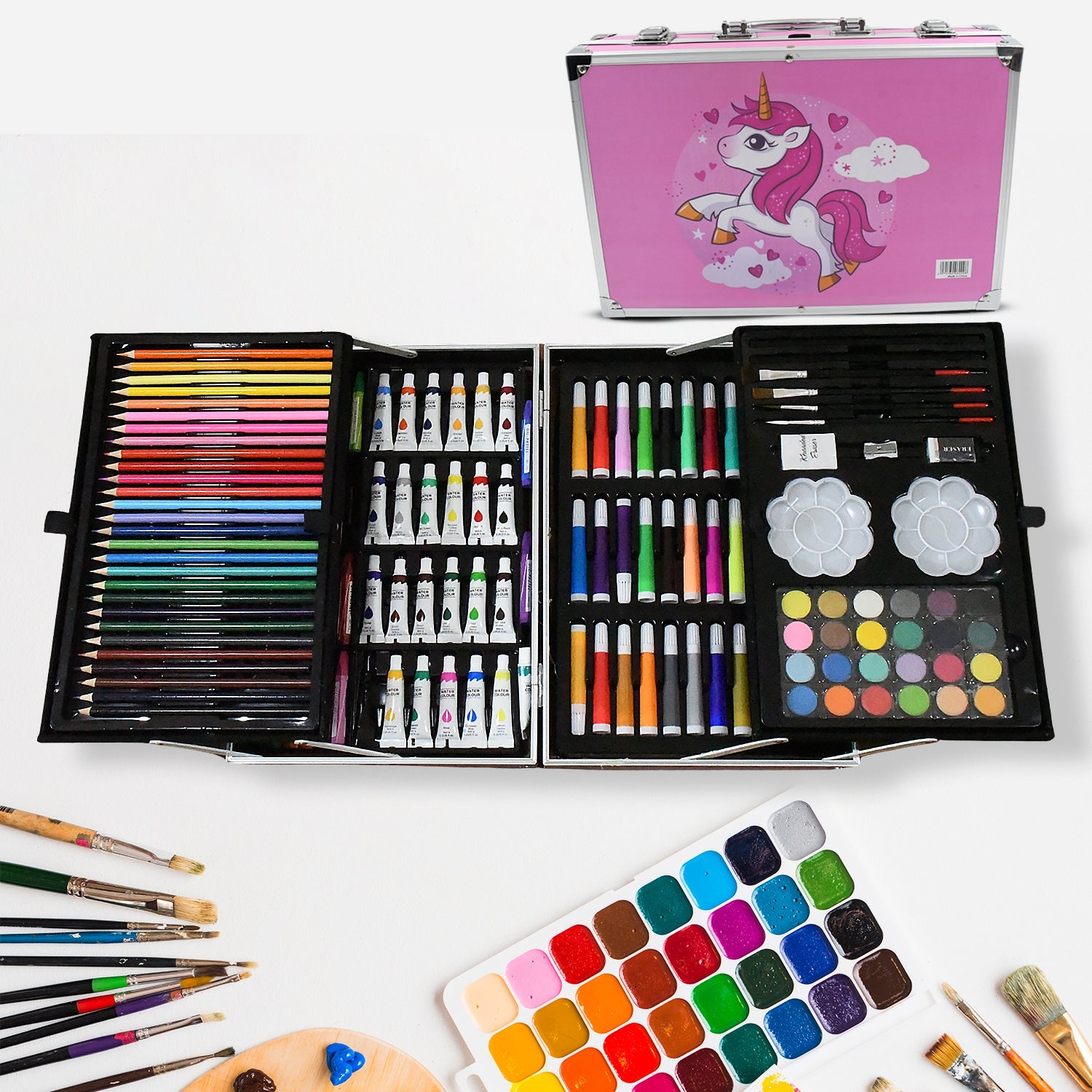 Side view of the portable unicorn art case, filled with sketching and coloring supplies.