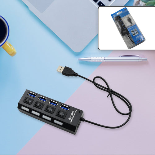 4 Port USB Hub with individual on/off switches and blue LED indicators.