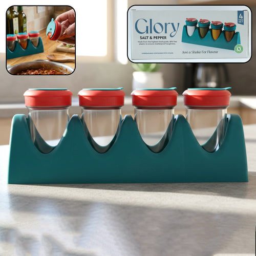4-in-1 multipurpose spice shaker set with stand on kitchen counter