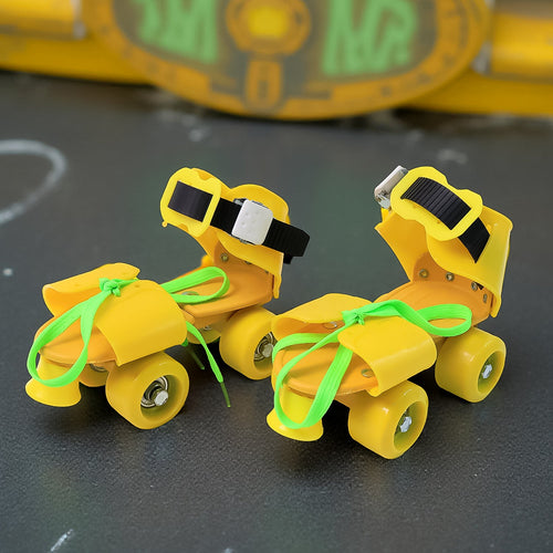 Adjustable dry skates for kids with bright neon green laces and secure safety buckle