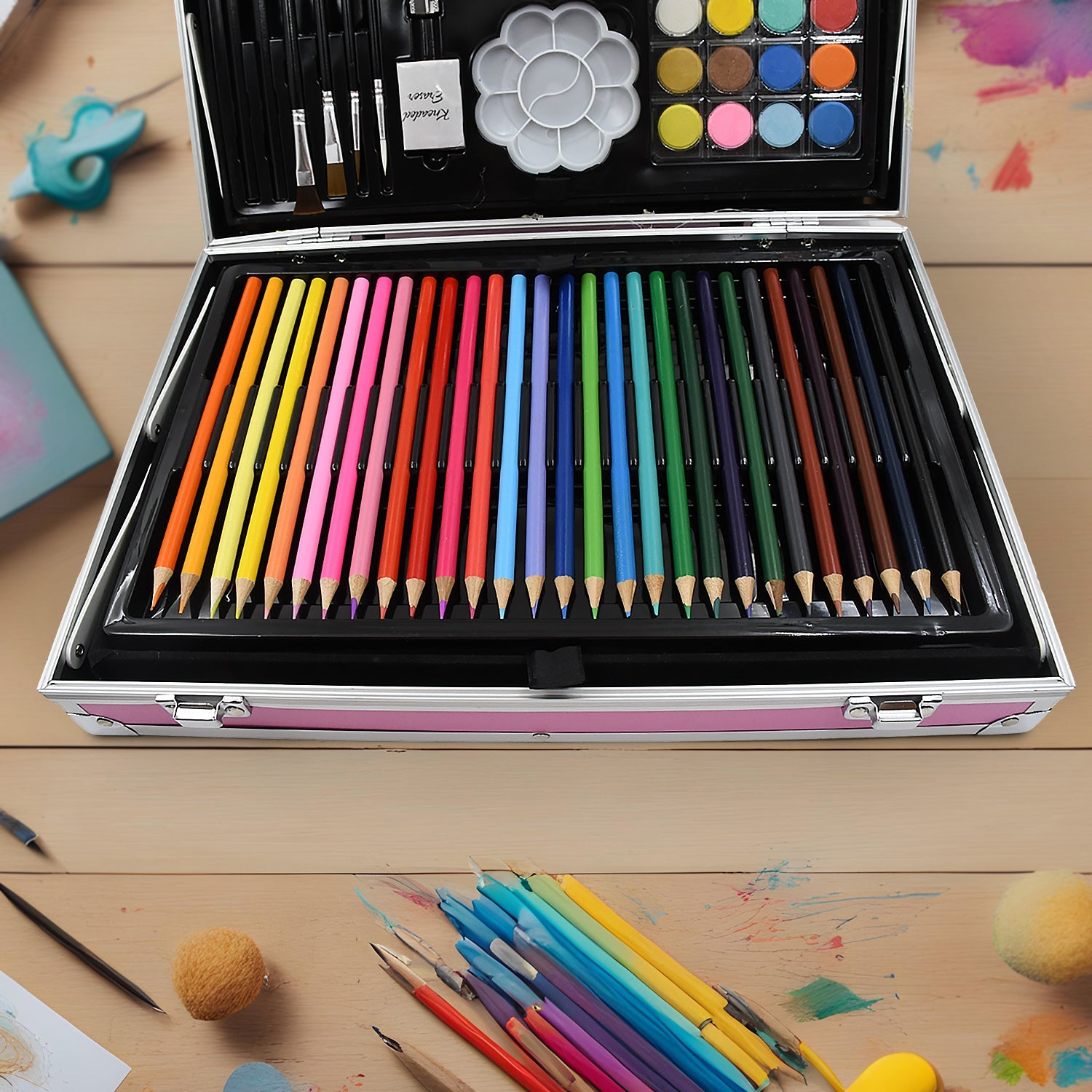Assorted art supplies from the kit, including pencils, brushes, and an eraser, ready for creative play.