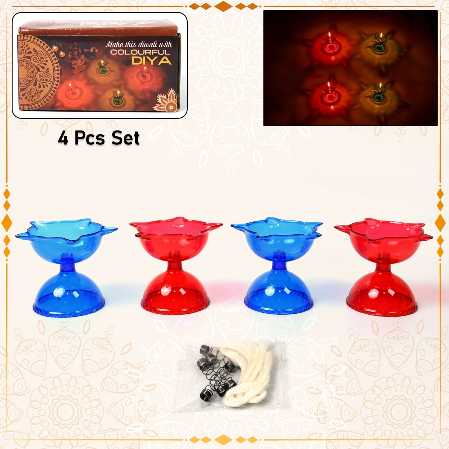 Assorted colourful plastic candle cups, part of the Reflection Diya Set, arranged for decoration.
