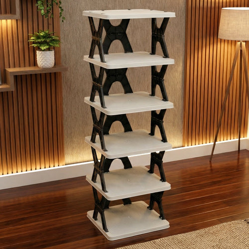 6 layer shoe rack stand showing multiple pairs of shoes neatly arranged