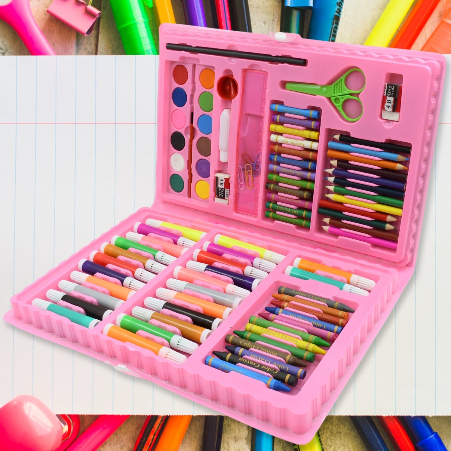 Vibrant 86-piece Kids Art Set by Craftily, showcasing all coloring and drawing supplies.