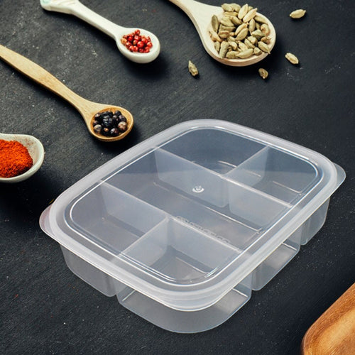 Lunchie Bunchie 5 Compartment Lunch Box filled with healthy Indian snacks and meal items.