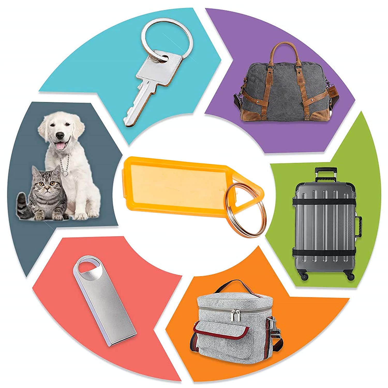 Fifty colorful key identifier tags neatly arranged in a clear plastic storage box.