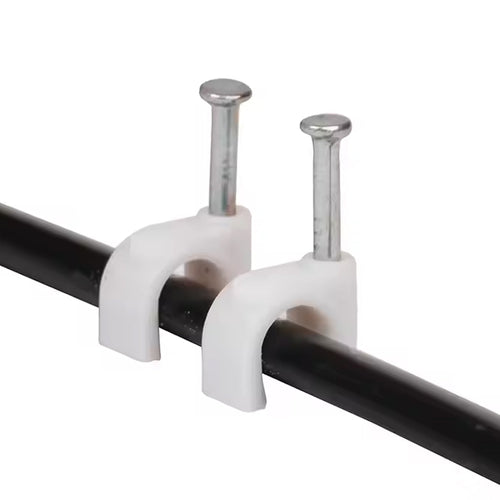 Close-up of plastic U-shaped 8mm nail cable clips with steel nails