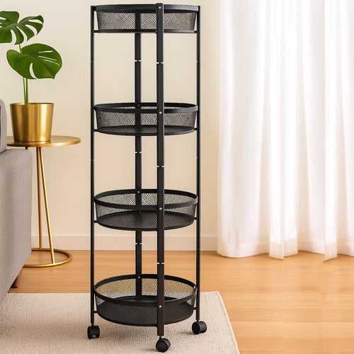4-layer round metal mesh storage trolley with wheels and spacious baskets