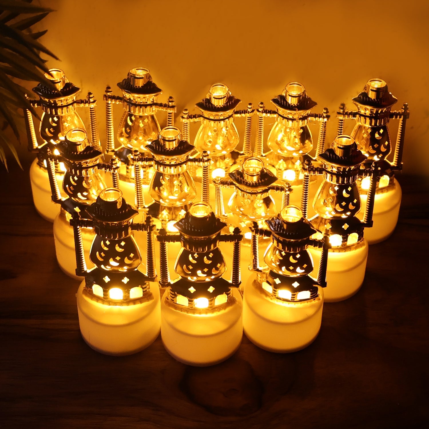 Lantern style LED candles arranged for home decor and ambient lighting