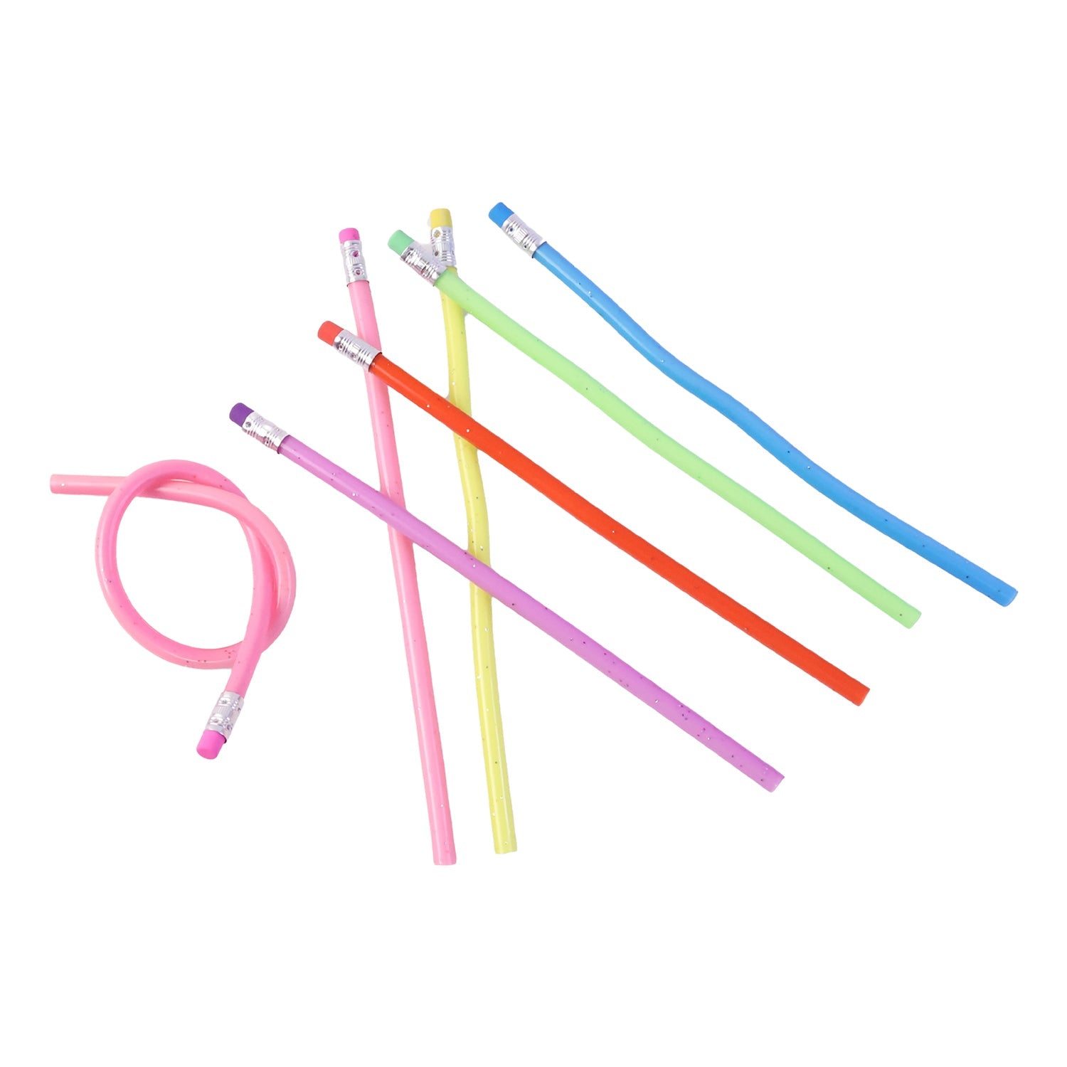 Pack of colorful bendable pencils displayed on white background