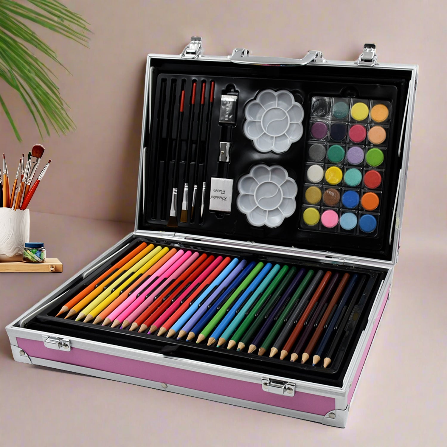 A vibrant 145-piece kids art set in a unicorn design case, open to display all art supplies.