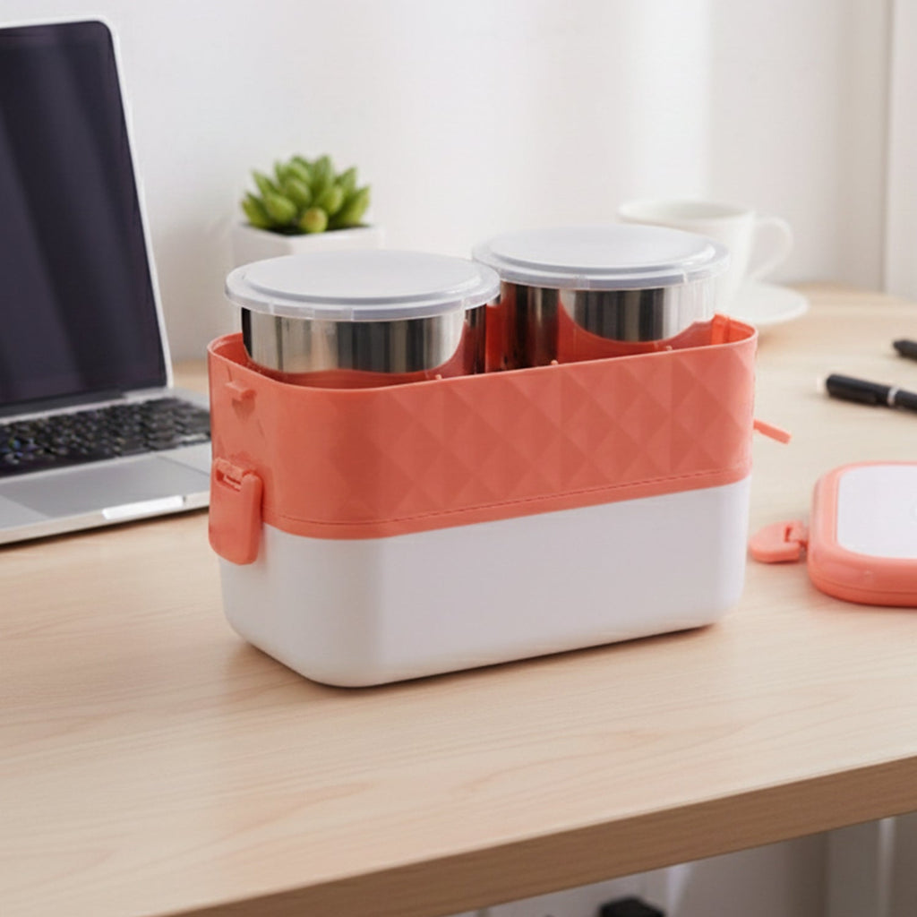Open view of electric heated lunch box with compartments