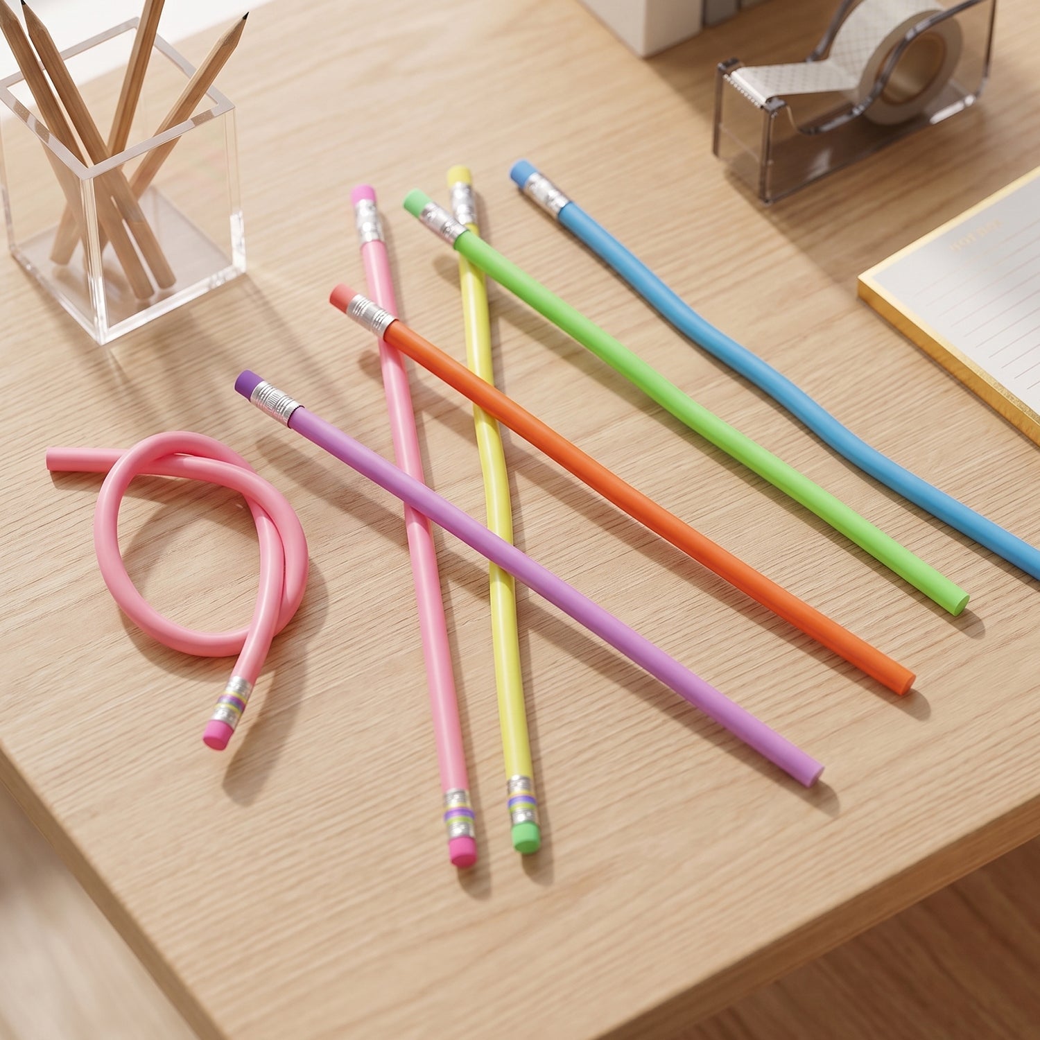Set of pastel-colored flexible pencils in an angled view