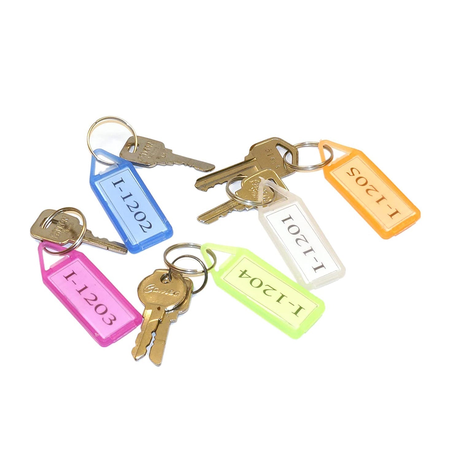 Close-up of a hand holding a labeled keychain tag, demonstrating ease of use.