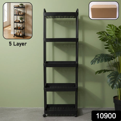 Utility storage cart featuring five open shelves on rolling wheels