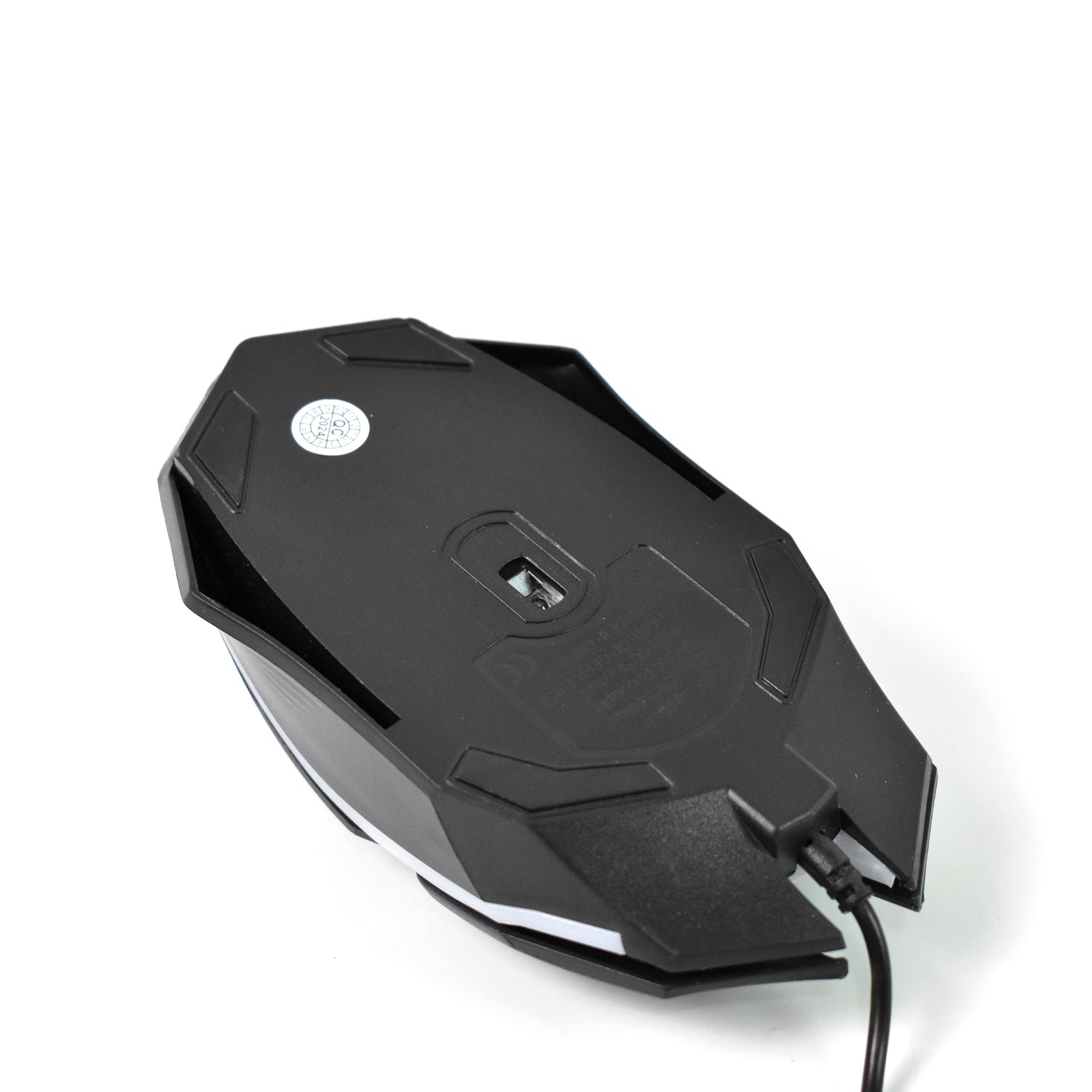 Close-up of the optical sensor and USB cable of the Compshop Gaming Mouse.