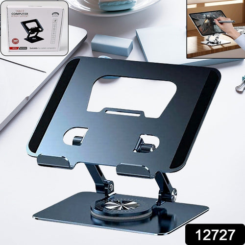 User demonstrating the 360-degree rotation of the aluminum adjustable laptop stand.