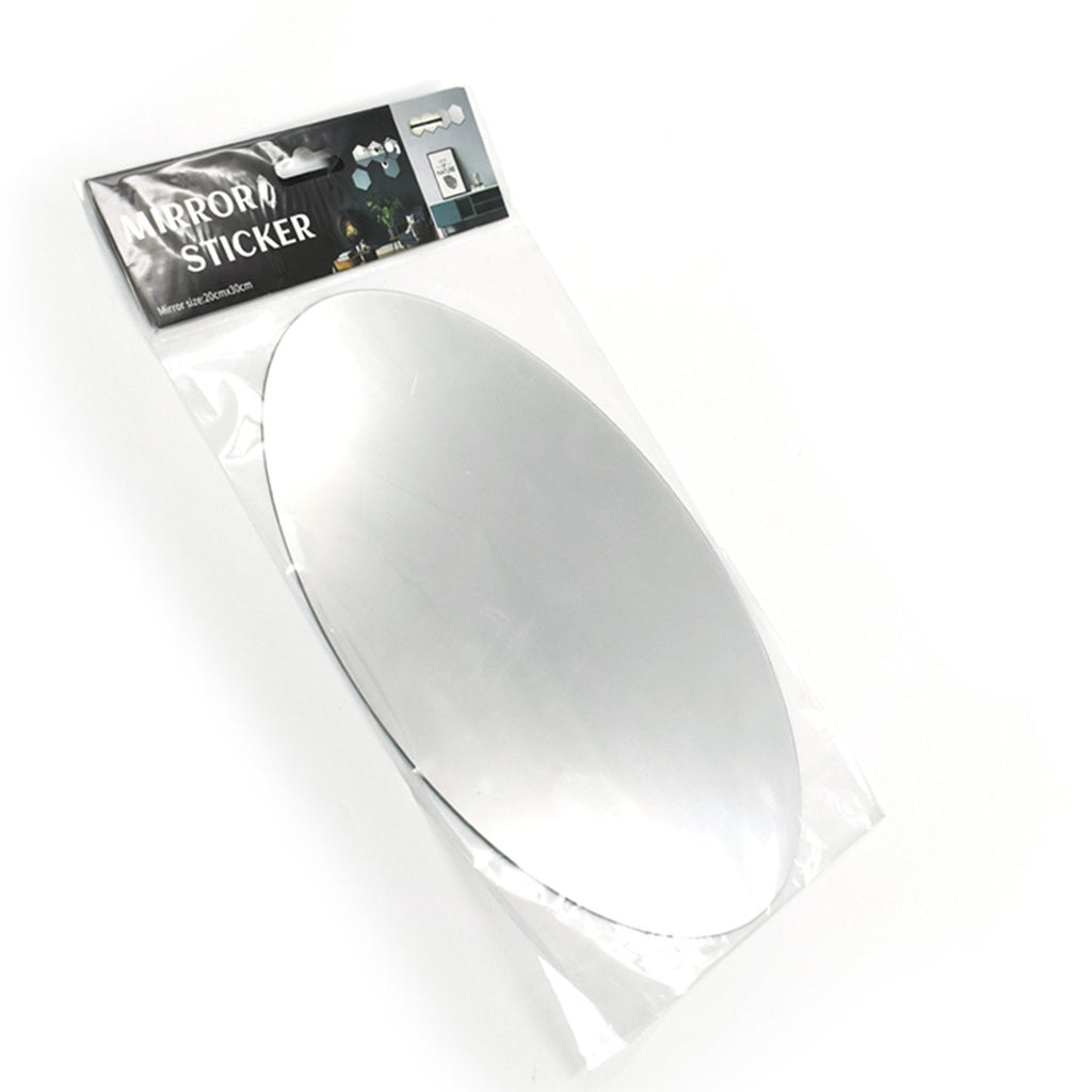 Hand demonstrating easy application of an oval adhesive bathroom mirror sticker.