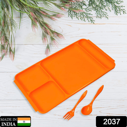 Versatile plastic divided food plate with included cutlery for daily use.