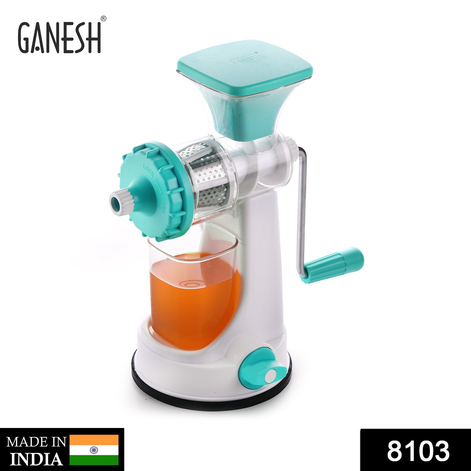 Compact Ganesh manual fruit juicer with a detachable design, available in assorted vibrant colours.