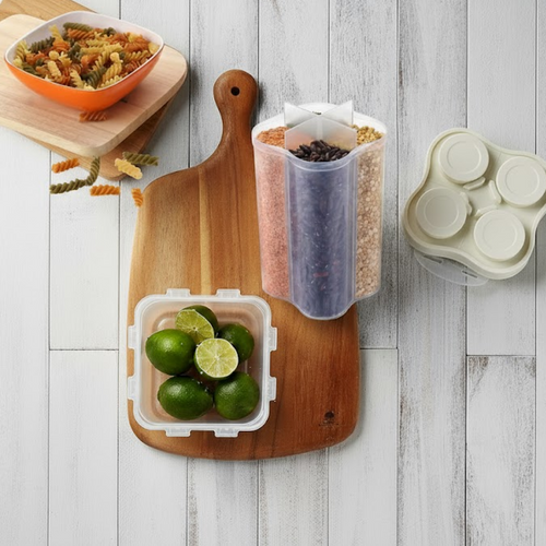 Clear plastic 4 section food storage container with a secure locking lid.