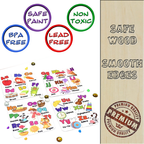Vibrant alphabet learning puzzle pieces with corresponding images.