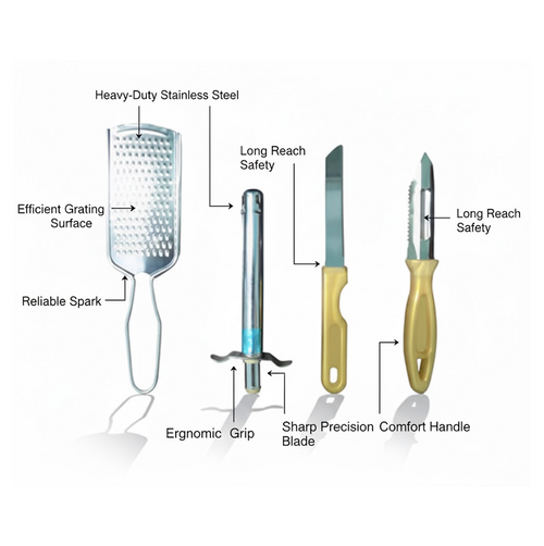 Complete 4-in-1 Kitchen Tool Set with lighter, knife, peeler, and grater