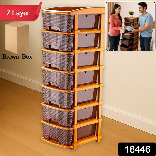 7-layer plastic storage drawer organizer in home setting showcasing stackable use