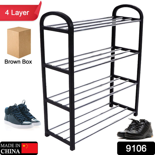 Lifestyle shot of the space-saving 4 tier shoe organizer neatly arranging multiple pairs of footwear.