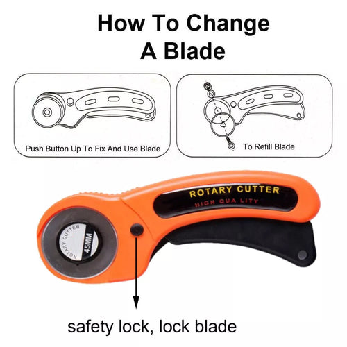 Heavy duty 45mm rotary cutter showing sharp blade and safety lock