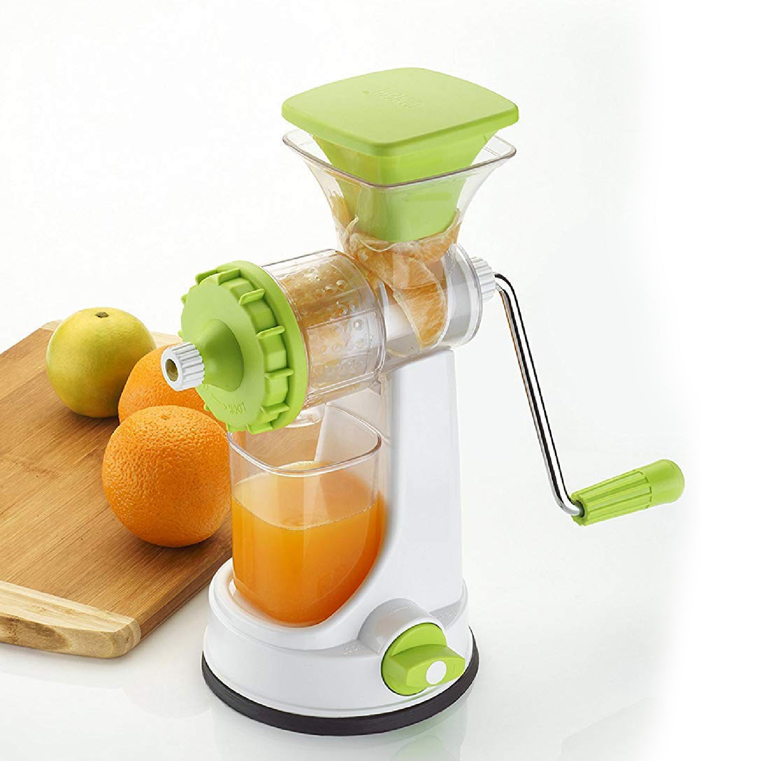 Ganesh plastic hand juicer in green, blue, red, and orange colors, shown from multiple angles.