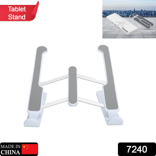 Adjustable tablet stand with foldable legs for ergonomic viewing.
