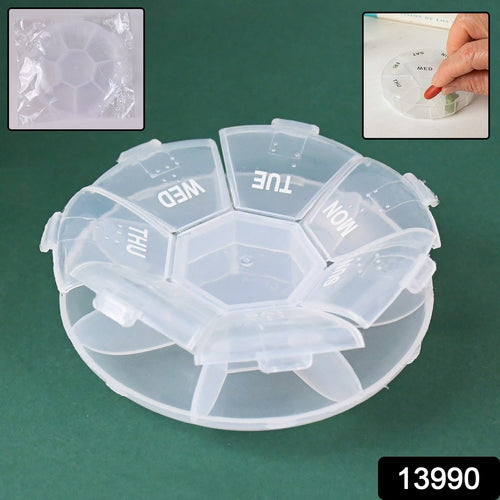 Pill organizer featuring seven compartments labeled for days of the week and Braille markings