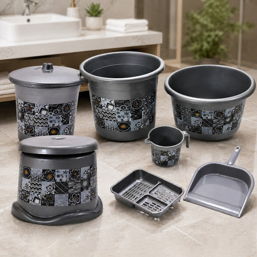 Complete 7-piece plastic bathroom set in coffee brown, featuring tub, bucket, and essential accessories.