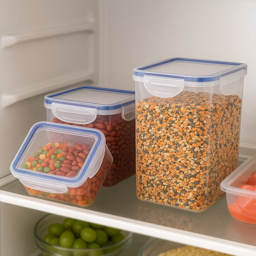 Set of three clear Organivo airtight food storage containers with blue lids.