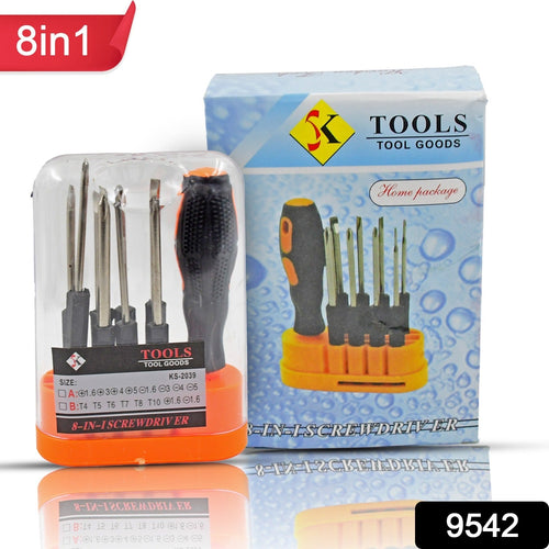 Precision 8-in-1 screwdriver set displayed with its ergonomic handle and suction cup.