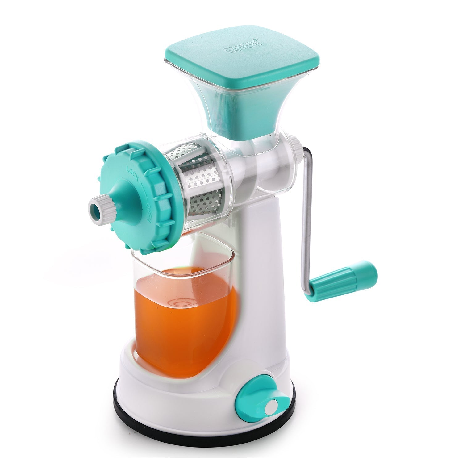 Ganesh Kitchenware hand juicer in multicolour, showcasing its easy-to-operate manual crank.