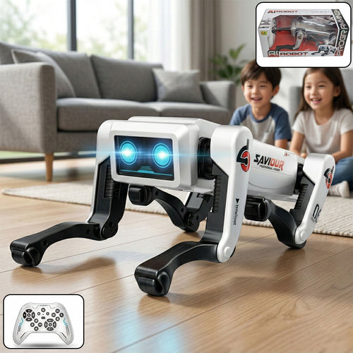 Interactive AI robot dog toy with LED eyes and remote control for kids