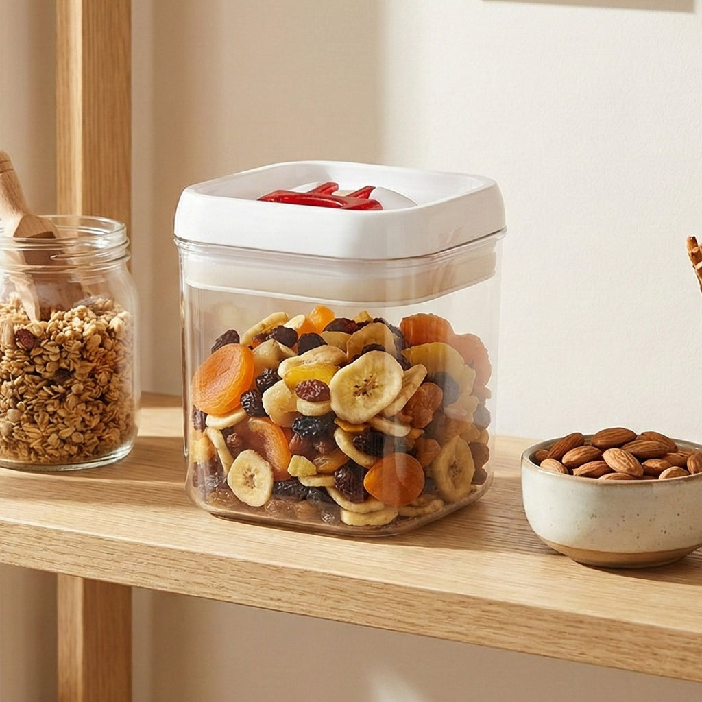Clear storage box with secure red lid