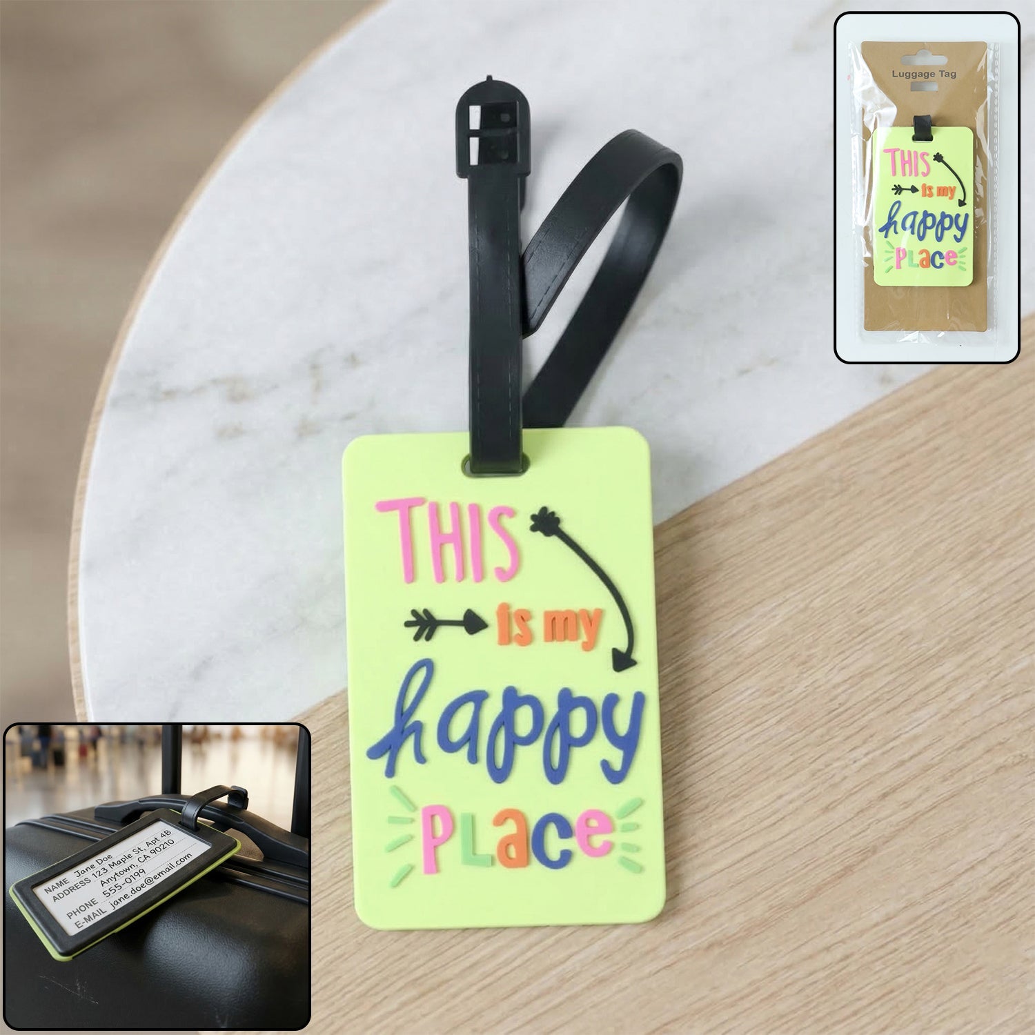 Colorful luggage tag with cheerful quote for travel bags