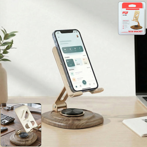 Adjustable metal mobile phone stand with plastic base on a desk