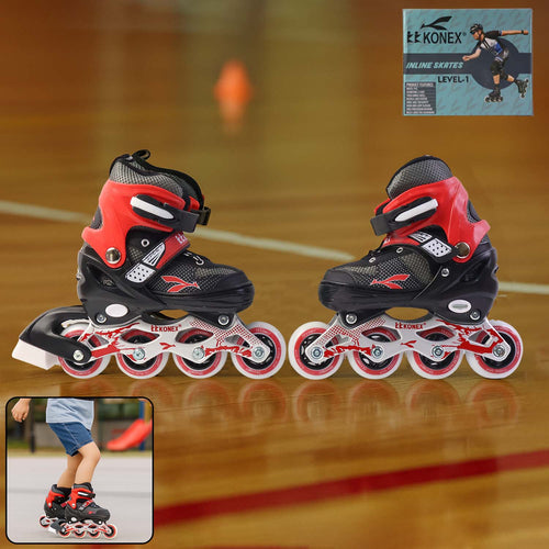Medium size adjustable inline skates for kids and adults with aluminum frame and red design
