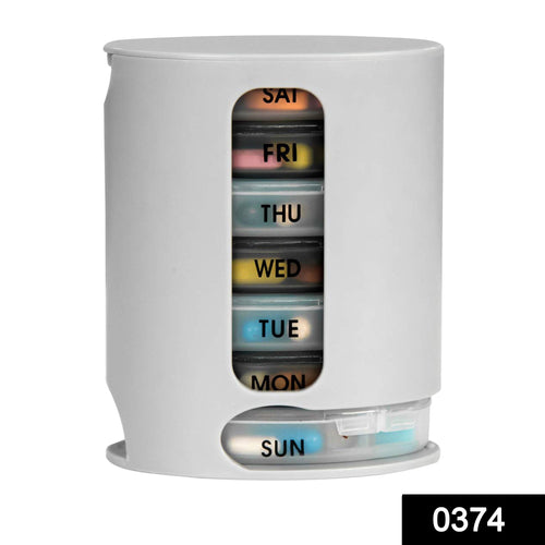 The 7-day pill organizer disassembled, showing individual daily tablet dispenser trays.