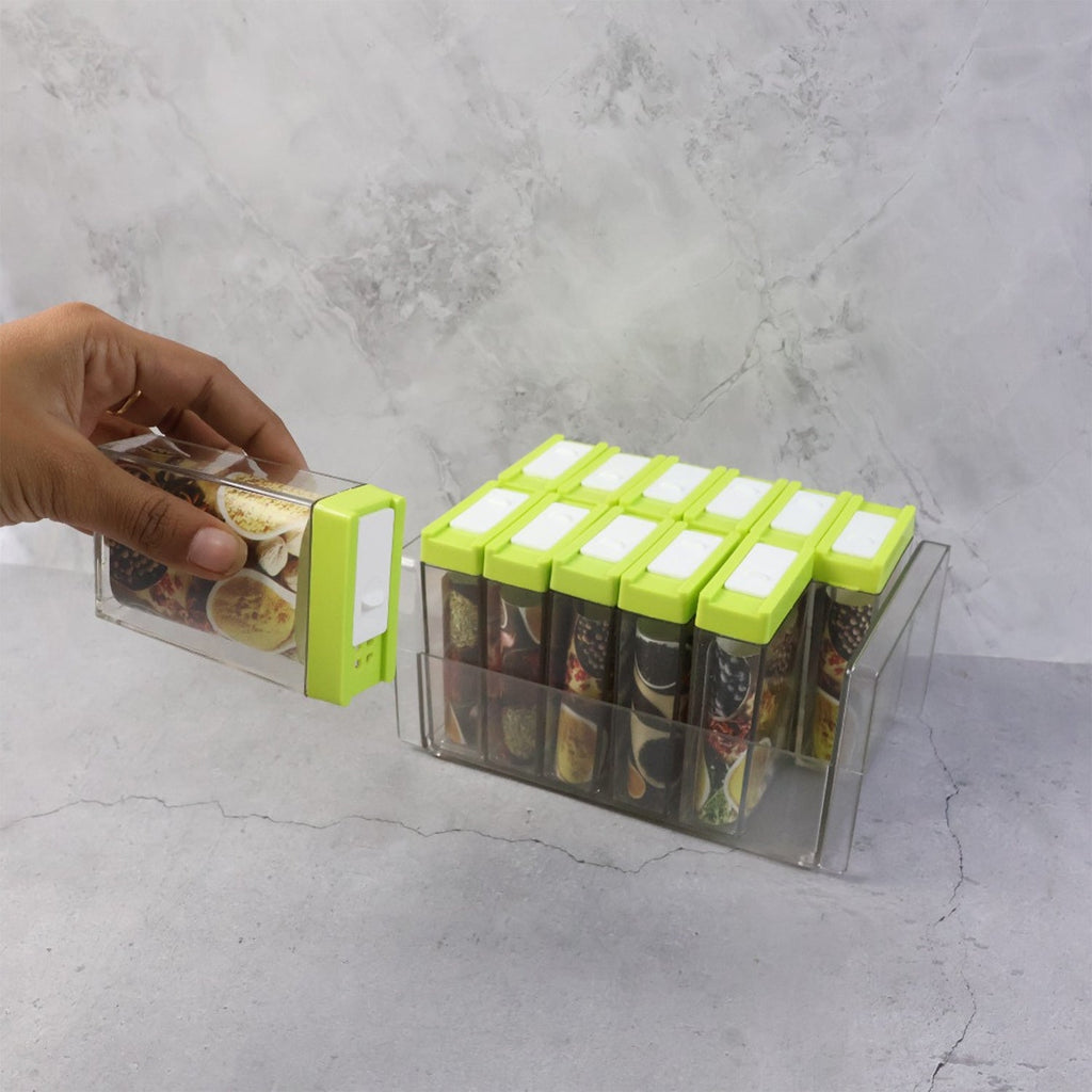 Space-saving compact transparent spice storage rack with stand