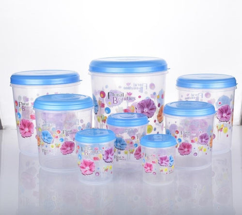 Complete 8-piece air tight plastic container set with elegant floral design.
