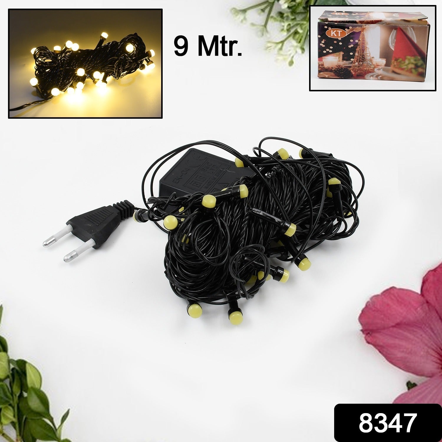 Multi-color LED string lights illuminating a festive setting.